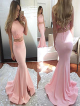 Trumpet/Mermaid Halter Elastic Woven Satin Sleeveless Two Piece Sweep/Brush Train Dress with Slit