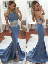 Trumpet/Mermaid Halter Elastic Woven Satin Sleeveless Two Piece Sweep/Brush Train Dress with Slit