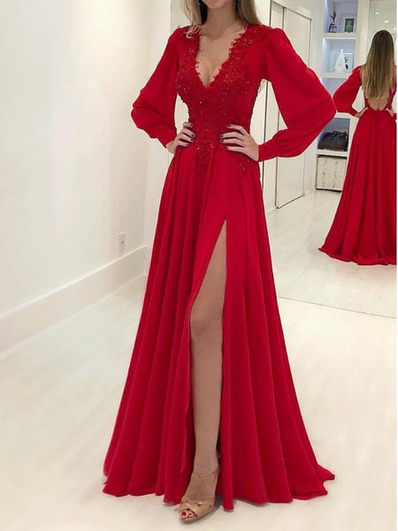 A-Line/Princess V-neck Chiffon Long Sleeves Sweep/Brush Train Evening Dress with Slit Applique