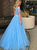 A-Line/Princess Off-the-Shoulder Tulle Sleeveless Sweep/Brush Train Prom Evening Dress with Beading