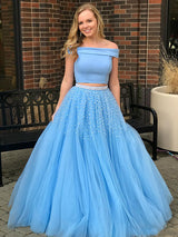 A-Line/Princess Off-the-Shoulder Tulle Sleeveless Sweep/Brush Train Prom Evening Dress with Beading