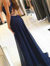 A-Line/Princess Jewel Chiffon Sleeveless Sweep/Brush Train Prom Evening Dress with Lace