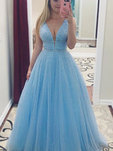 A-Line/Princess V-neck Tulle Sleeveless Floor Length Prom Evening Dress with Pearls