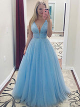 A-Line/Princess V-neck Tulle Sleeveless Floor Length Prom Evening Dress with Pearls