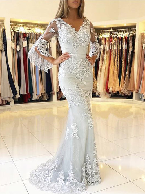 Trumpet/Mermaid V-neck Tulle 3/4 Sleeves Sweep/Brush Train Prom Evening Dress with Applique