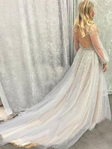 A-Line/Princess V-neck Tulle Long Sleeves Sweep/Brush Train Prom Evening Dress with Sequin