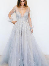 A-Line/Princess V-neck Tulle Long Sleeves Sweep/Brush Train Prom Evening Dress with Sequin