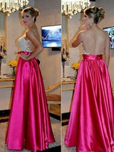 A-Line/Princess Sweetheart Satin Sleeveless Blackless Floor Length Prom Dress with Applique