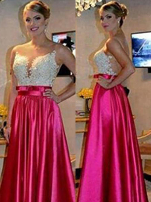 A-Line/Princess Sweetheart Satin Sleeveless Blackless Floor Length Prom Dress with Applique