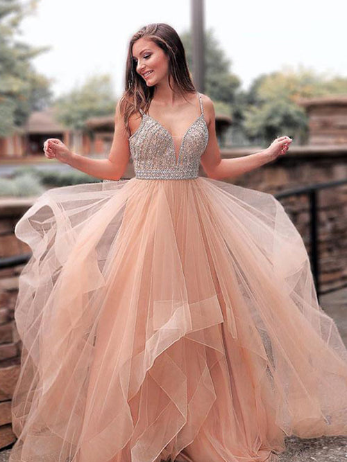 A-Line/Princess Straps Tulle Sleeveless Sweep/Brush Train Prom Evening Dress with Beading
