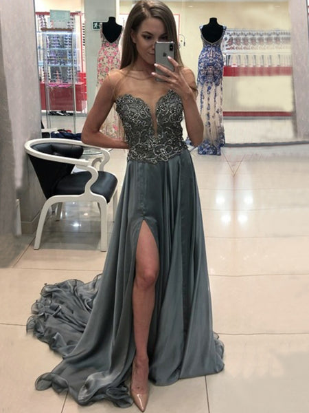 A-Line/Princes Bateau Chiffon Sleeveless Sweep/Brush Train Prom Dress with Slit Crystal