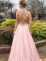 A-Line/Princes Halter Satin Sleeveless Sweep/Brush Train Prom Dress with Beading