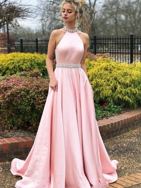 A-Line/Princes Halter Satin Sleeveless Sweep/Brush Train Prom Dress with Beading