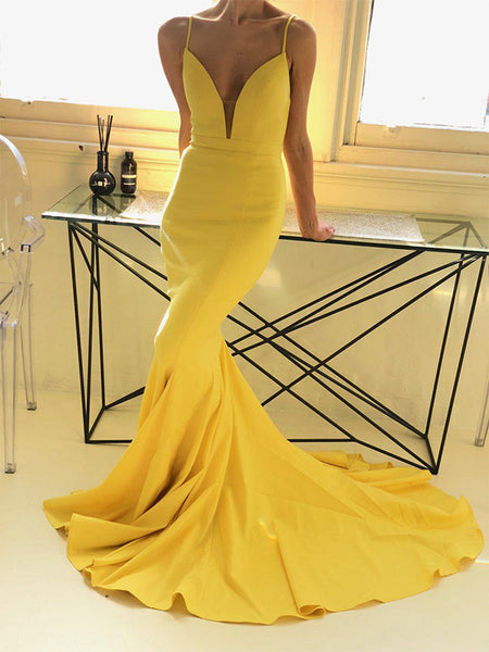 Trumpet/Mermaid Spaghetti Straps Satin Sleeveless Sweep/Brush Train Prom Dress with Ruffles