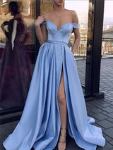 A-Line/Princess Off-the-Shoulder Satin Sleeveless Sweep/Brush Train Prom Dress with Slit Ruffles