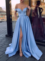 A-Line/Princess Off-the-Shoulder Satin Sleeveless Sweep/Brush Train Prom Dress with Slit Ruffles