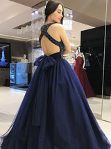 Ball Gown Halter Tulle Sleeveless Sweep/Brush Train Prom Dress with Beading