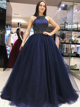 Ball Gown Halter Tulle Sleeveless Sweep/Brush Train Prom Dress with Beading