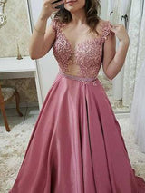 A-Line/Princes Scoop Satin Sleeveless Floor Length Prom Dress with Applique