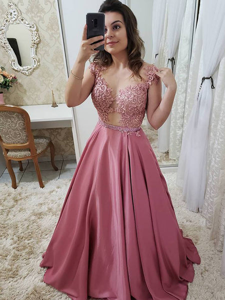 A-Line/Princes Scoop Satin Sleeveless Floor Length Prom Dress with Applique