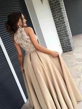 A-Line/Princes High Neck Satin Sleeveless Sweep/Brush Train Prom Evening Dress with Applique