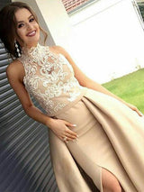 A-Line/Princes High Neck Satin Sleeveless Sweep/Brush Train Prom Evening Dress with Applique