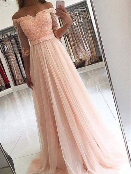 A-Line/Princess Off-the-Shoulder Sweep/Brush Train 3/4 Sleeves Tulle Prom Evening Dress