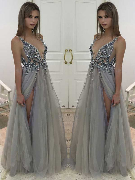 A-Line/Princess V-Neck Floor Length Tulle Beading Sleeveless Prom Evening Dress with Slit