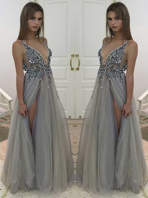 A-Line/Princess V-Neck Floor Length Tulle Beading Sleeveless Prom Evening Dress with Slit