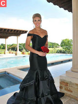 Trumpet/Mermaid Off-the-Shoulder Sweep/Brush Train Taffeta Sleeveless Prom Dress with Layers