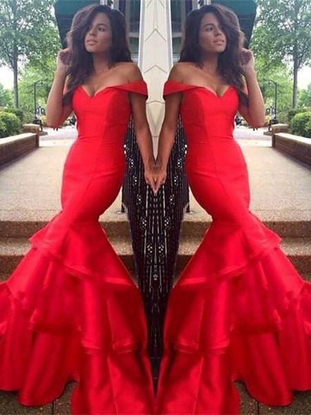 Trumpet/Mermaid Off-the-Shoulder Sweep/Brush Train Taffeta Sleeveless Prom Dress with Layers