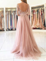 A-Line/Princess Bateau Floor Length Tulle Applique 3/4 Sleeves Prom Evening Dress with Slit