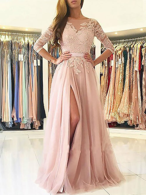 A-Line/Princess Bateau Floor Length Tulle Applique 3/4 Sleeves Prom Evening Dress with Slit