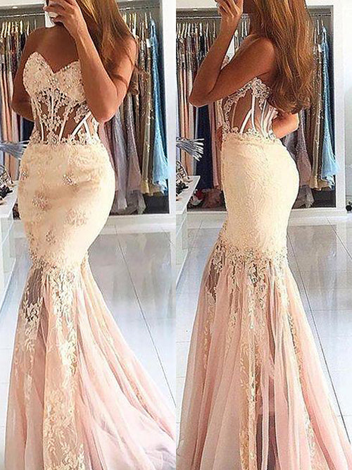Trumpet/Mermaid Sweetheart Sweep/Brush Train Tulle Sleeveless Prom Evening Dress with Lace