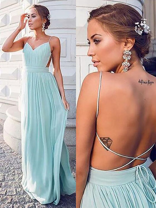 A-Line/Princess Spaghetti Straps Floor Length Chiffon Sleeveless Prom Evening Dress with Ruched