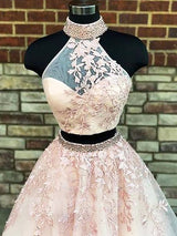 A-Line/Princess High Neck Sweep/Brush Train Tulle Sleeveless Two Piece Prom Dress with Applique