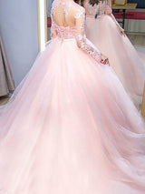 Ball Gown Jewel Sweep/Brush Train Tulle Long Sleeves Prom Evening Dress with Lace