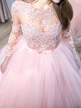 Ball Gown Jewel Sweep/Brush Train Tulle Long Sleeves Prom Evening Dress with Lace