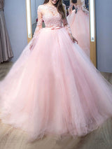 Ball Gown Jewel Sweep/Brush Train Tulle Long Sleeves Prom Evening Dress with Lace