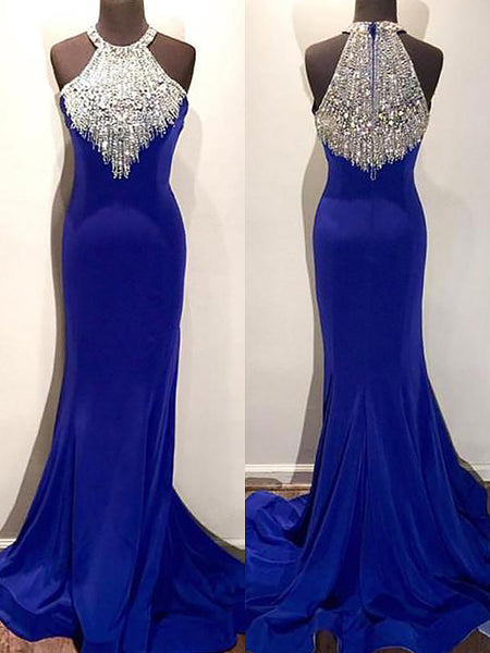 Trumpet/Mermaid Halter Sweep/Brush Train Spandex Sleeveless Prom Evening Dress with Beading