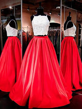 A-Line/Princess Spaghetti Straps Floor Length Satin Sleeveless Two Piece Prom Evening Dress with Lace
