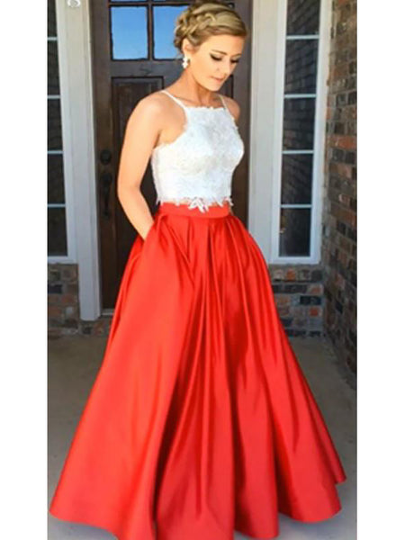 A-Line/Princess Spaghetti Straps Floor Length Satin Sleeveless Two Piece Prom Evening Dress with Lace