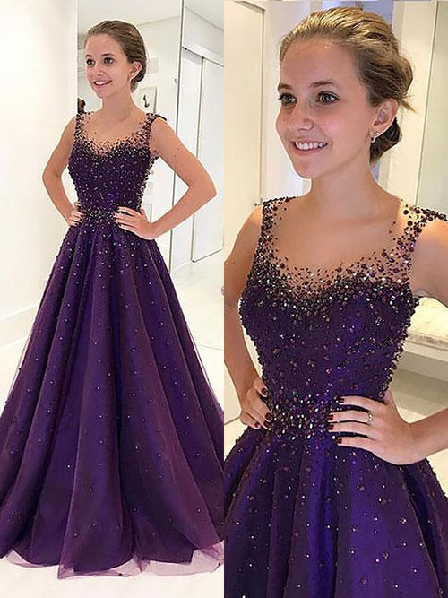 A-Line/Princess Scoop Floor Length Tulle Sleeveless Prom Evening Dress with Beading