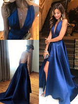 A-Line/Princess V-Neck Sweep/Brush Train Satin Ruffles Sleeveless Prom Evening Dress with Slit