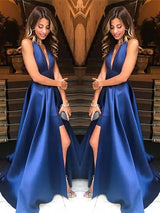 A-Line/Princess V-Neck Sweep/Brush Train Satin Ruffles Sleeveless Prom Evening Dress with Slit