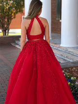A-Line/Princess Halter Floor Length Tulle Sleeveless Two Piece Prom Evening Dress with Beading