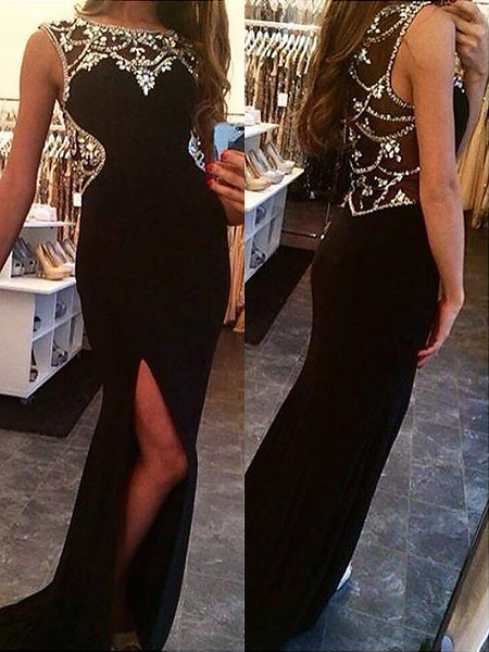 Sheath/Column Bateau Sweep/Brush Train Spandex Beading Sleeveless Prom Evening Dress with Slit