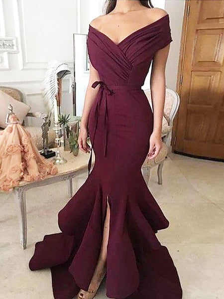 Trumpet/Mermaid Off-the-Shoulder Floor Length Satin Ruched Sleeveless Prom Evening Dress with Slit