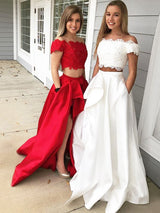 A-Line/Princess Off-the-Shoulder Sweep/Brush Train Satin Lace Sleeveless Two Piece Prom Dress with Slit