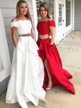 A-Line/Princess Off-the-Shoulder Sweep/Brush Train Satin Lace Sleeveless Two Piece Prom Dress with Slit